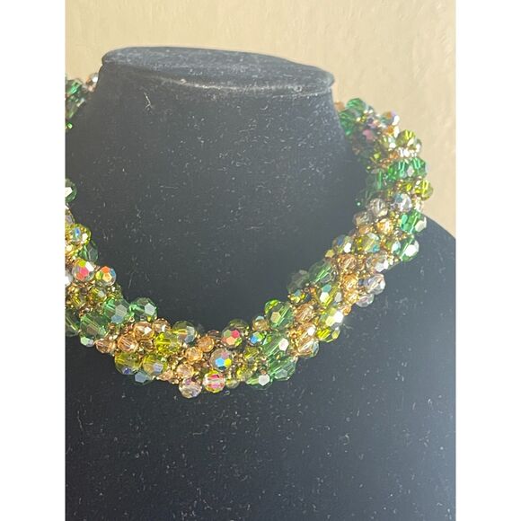 Vintage Swarovski Chunky Austrian Crystal Bold Beaded Green & Gold Necklace 16" - Picture 7 of 10